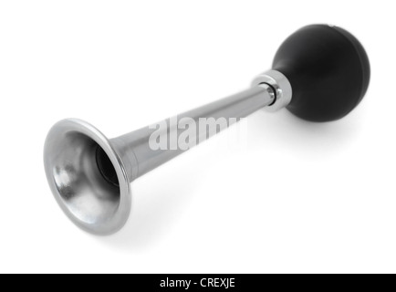 Silver vintage bicycle air horn isolated on white Stock Photo