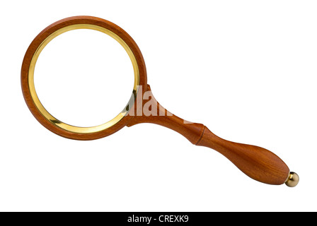 Old magnifying glass with wooden handle isolated on white Stock Photo