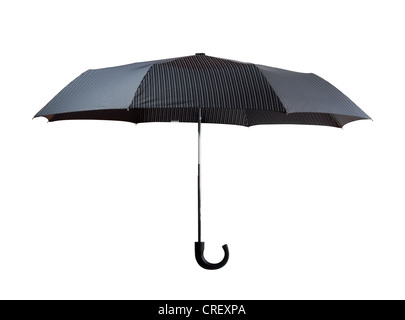 Open dark gray striped umbrella isolated on white Stock Photo