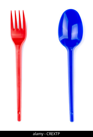 Plastic red fork and blue spoon set isolated on white Stock Photo