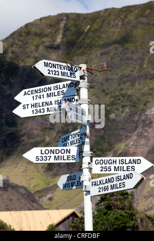 Signpost on Tristan da Cunha, showing the distance to Montevideo, Ascension Island, London, Falkland Islands etc Stock Photo