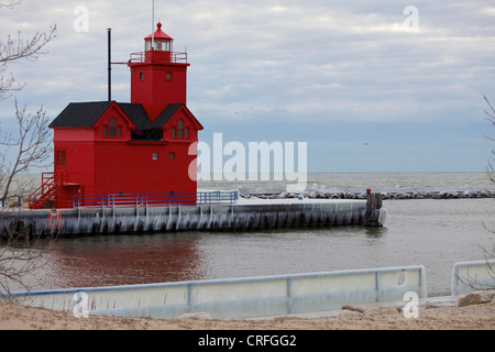 'Big Red' lighthouse in Holland, Michigan in the winter Stock Photo
