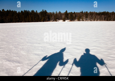 Cross country skiers on snowy field Stock Photo