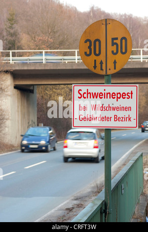 warning sign classical swine fever, Schweinepest bei Wildschweinen, gefaehrdeter Bezirk, Germany, North Rhine-Westphalia Stock Photo