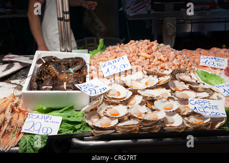 Fish stall at the Rialto fish market, Venice. Stock Photo