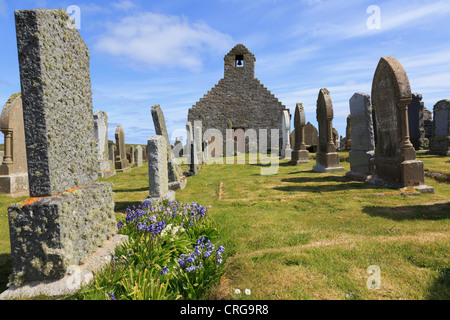 Old St Mary's church and gravestones with bluebells in churchyard at Burwick South Ronaldsay Orkney Islands Scotland UK Britain Stock Photo