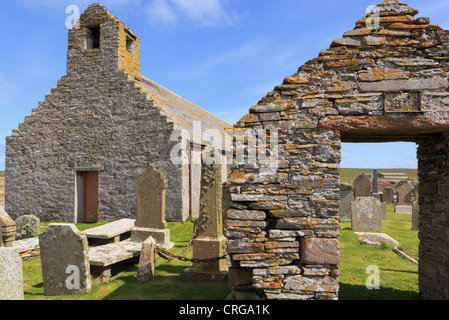 Old St Mary's church and gravestones in the churchyard at Burwick South Ronaldsay Orkney Islands Scotland UK Stock Photo