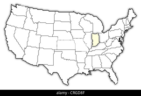 Political map of United States with the several states where Indiana is highlighted. Stock Photo