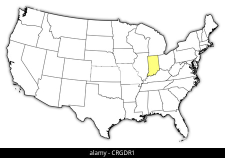 Political map of United States with the several states where Indiana is highlighted. Stock Photo