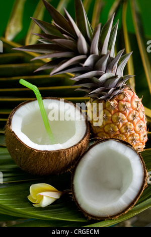 Pineapple, opened coconut and frangipani flower on a palm leaf Stock Photo