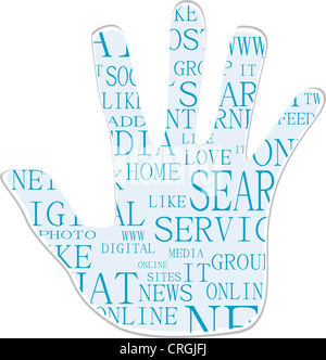 Illustration of the hand symbol, which is composed of text keywords on social media themes. Isolated on white Stock Photo
