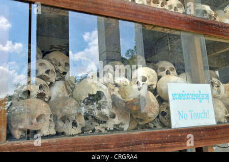 Human skulls on display in the glass-sided stupa, Cambodia, Phnom Penh Stock Photo