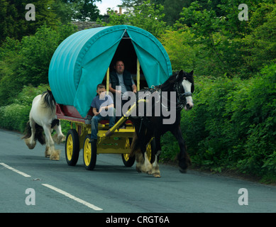 Travellers in a traditional horse drawn caravan in Sedbergh, Cumbria. Stock Photo