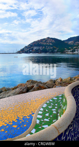 sitting accomodation at the harbour in Andratx, view onto the bay, Spain, Balearen, Majorca, Andratx Stock Photo
