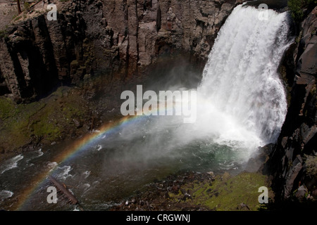 Rainbow Falls, San Joaquin river, Mammoth Lakes, California, USA in July from above with rainbow clearly visible Stock Photo