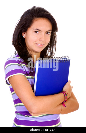 brown-haired female student carrying notebooks Stock Photo