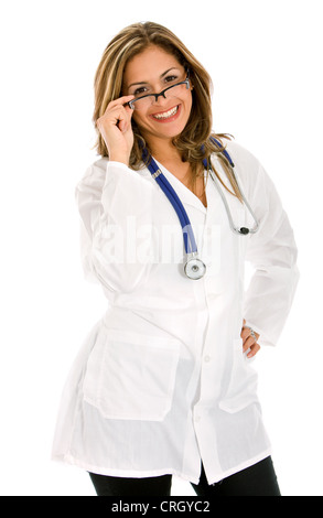 young attractive female doctor with glasses and stethoscope, smiling Stock Photo