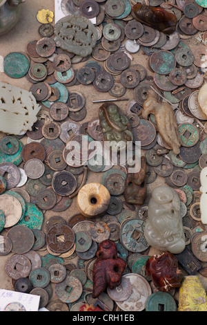 Old Chinese coins for sale at Panjiayuan flea market, Beijing, China, Asia Stock Photo