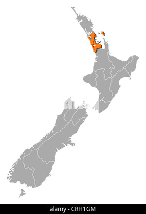 Political map of New Zealand with the several regions where Auckland is highlighted. Stock Photo