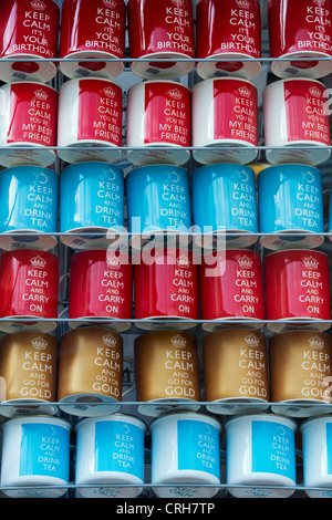 Keep calm and carry on mugs in a London shop window Stock Photo