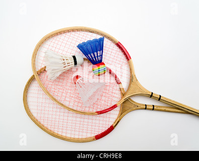 Two rackets for badminton and shuttlecocks Stock Photo