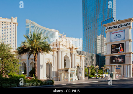 LAS VEGAS, NEVADA, USA - JUNE 14, 2012: The entrance to the Monte Carlo Hotel Casino with the Aria Hotel and City Centre complex Stock Photo