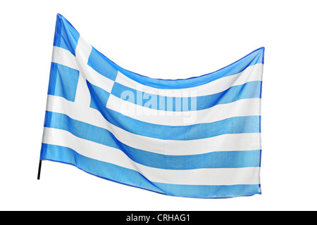 A studio shot of a flag of Greece waving isolated on white background Stock Photo