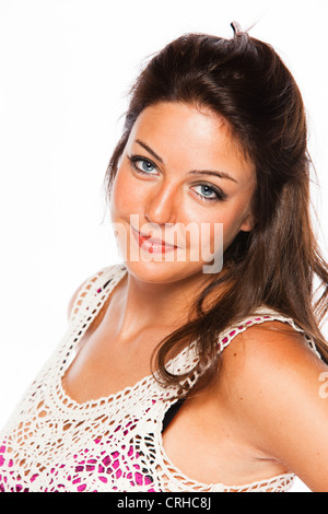 Beautiful eighteen year old Caucasian woman in fashionable summer dress