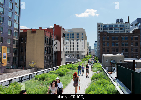 The High Line is a New York City park built on a section of the former elevated New York Central Railroad. Stock Photo