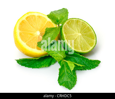 Fresh Lemon, Lime and Mint, isolated on white background Stock Photo