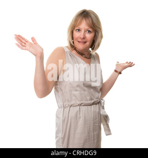 Attractive Smiling Mature Woman Holding Hands Up in Surprise Isolated Stock Photo