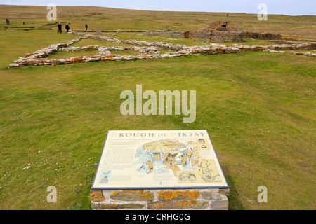 Tourist information sign about Pictish and Norse settlement excavated on the Brough of Birsay, Orkney Islands, Scotland, UK Stock Photo