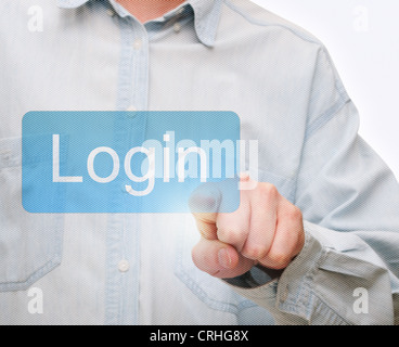 Man's Hand Pushing Login Button on Touch Screen Stock Photo