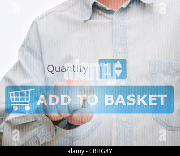 Man's Hand Pushing Download Button on Touch Screen Stock Photo