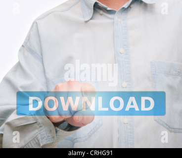 Man's Hand Pushing Download Button on Touch Screen Stock Photo