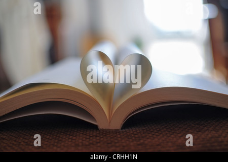 Book pages curved into a heart shape Stock Photo