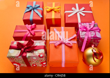 Festively wrapped Christmas gifts Stock Photo