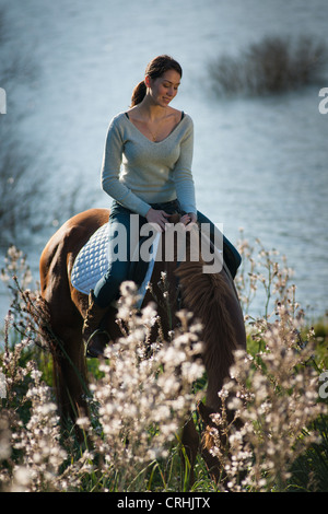 Woman riding horse in rural field Woman riding horse in rural field