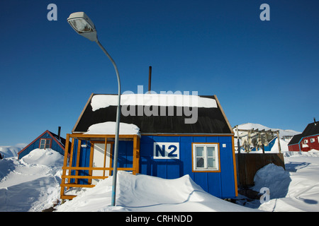 residental building in winter , Greenland, Ostgroenland, Tunu, Kalaallit Nunaat, Scoresbysund, Kangertittivag, Ittoqqortoormiit Stock Photo