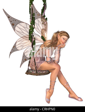 Pretty Pink Fairy Daydreaming on a Swing Stock Photo