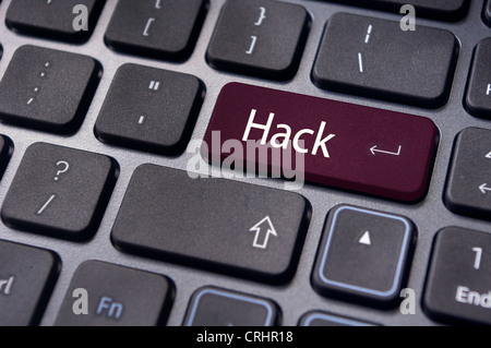 hack concepts of computer security, with a message on keyboard enter key. Stock Photo