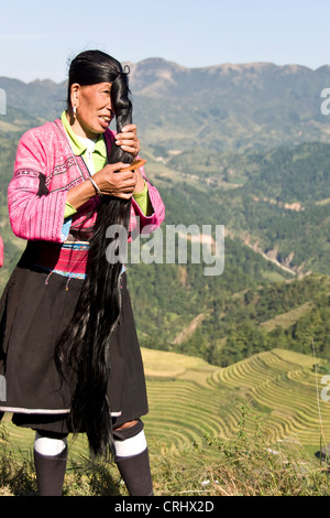 'Long-hair' Yao woman - Longji near Guilin, Guangxi province - China Stock Photo