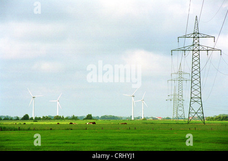 Wind wheels alongside power lines Stock Photo