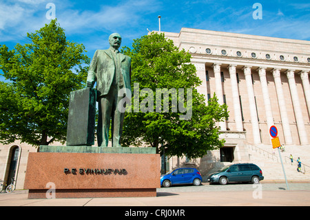 The statue of president Svinhufvud in front of the Finnish Parliament ...