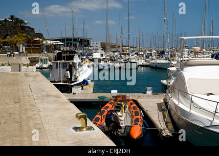 Boats moored in harbour, Puerto Calero, Lanzarote, Canary Islands, Spain Stock Photo