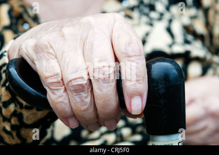 An elderly lady holds the handle of a walking stick.  See HRTH1X for monochrome version. Stock Photo