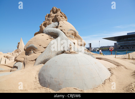 Copenhagen International Sand Sculpture Festival 2012, Save the Ocean, by Sudarsan Pattnaik, India. A mermaid theme. Opera house Stock Photo