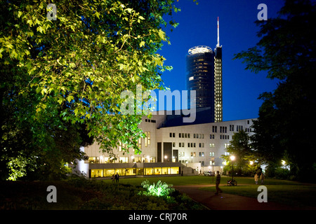 Aalto theatre and RWE Tower at blue hour, Germany, North Rhine-Westphalia, Ruhr Area, Essen Stock Photo