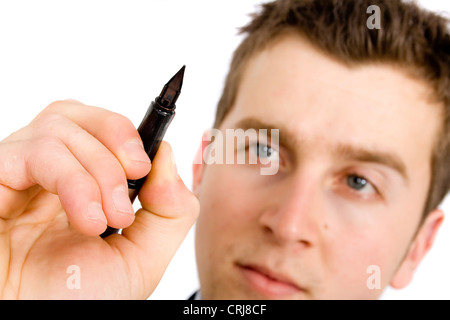 business plan - man with pen writing something on the screen Stock Photo