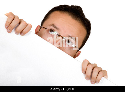 business man looking over white card Stock Photo